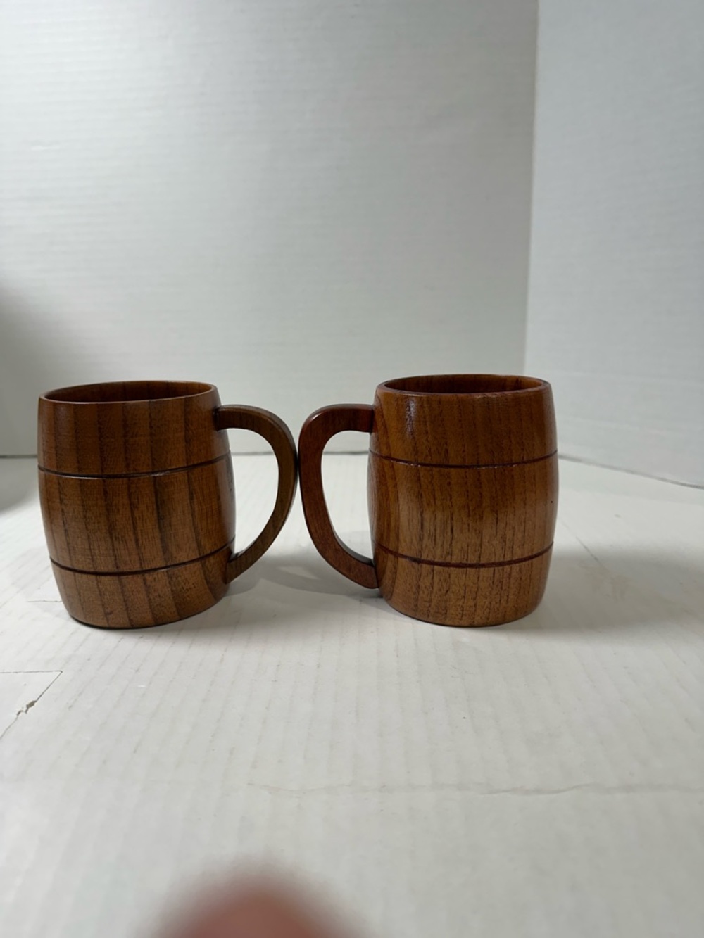 Rustic Wooden Barrel Mugs - Brown Coffee Cup Pair